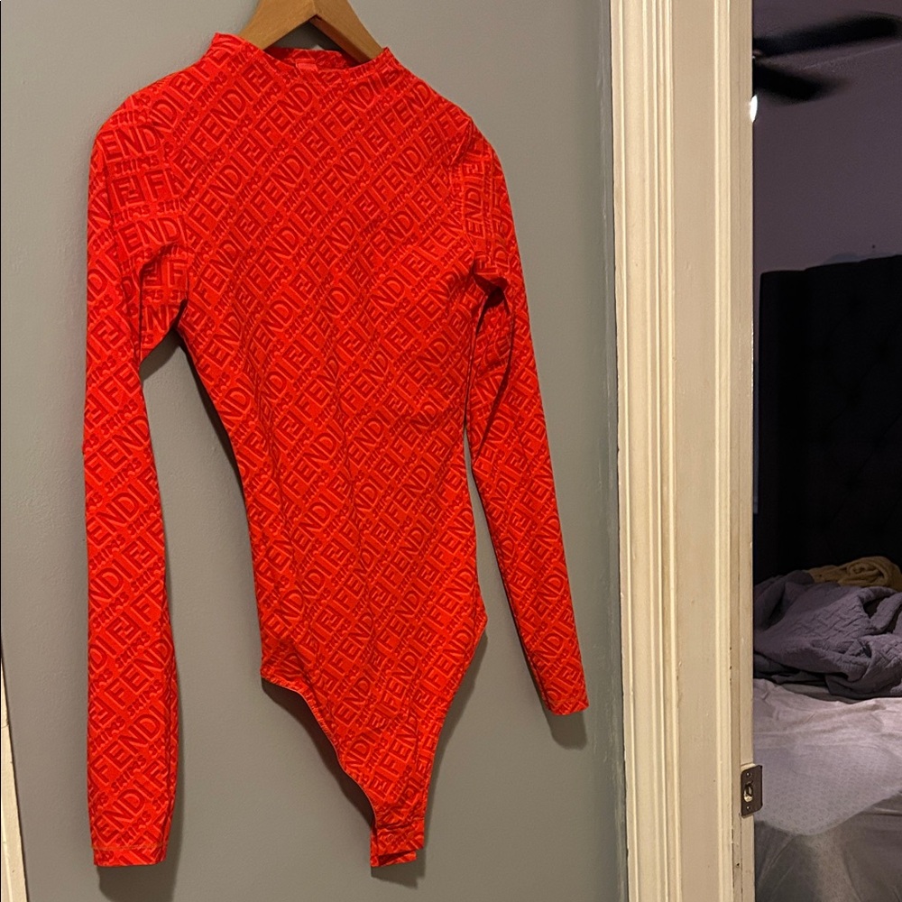 Embroidered Logo Red Long-Sleeve Bodysuit